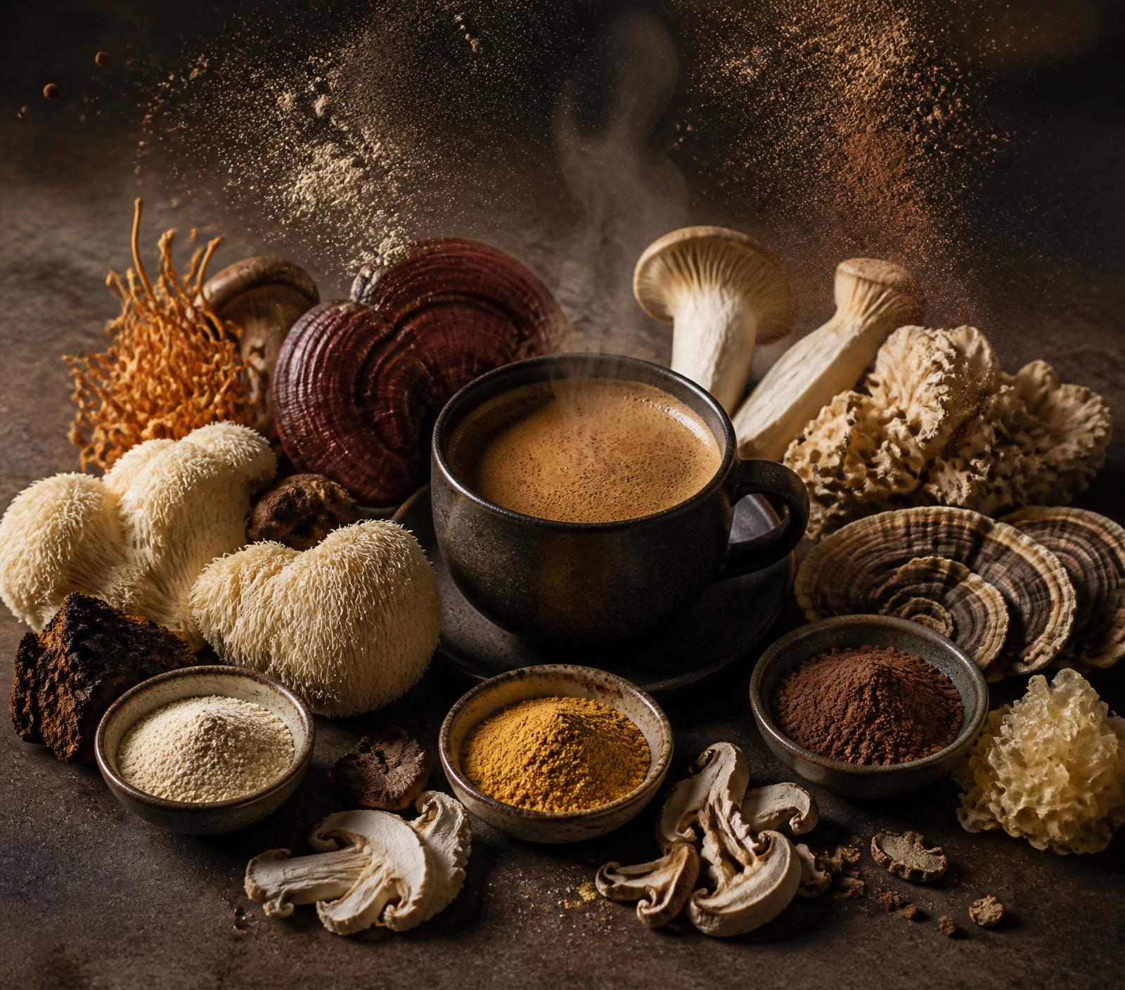 Steaming cup of Zippy Mushroom coffee surrounded by Lion's Mane, Cordyceps, Reishi, Chaga, Turkey Tail, Maitake, Shiitake, Tremella and King Trumpet mushrooms with bowls of mushroom powders